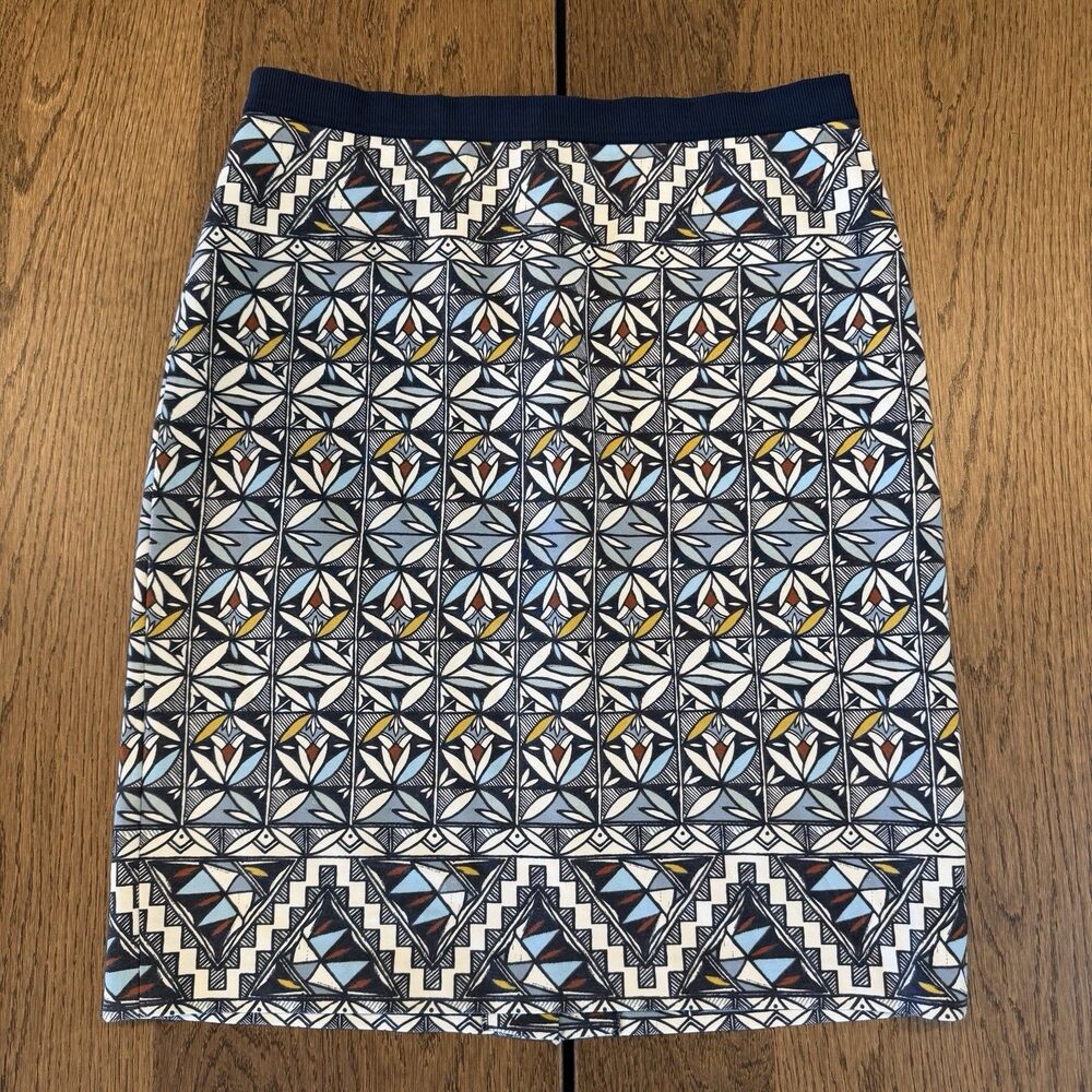 Tory Burch Acoma Pencil Skirt Womens Size XL Blue Tile Print Back Slit Stretch